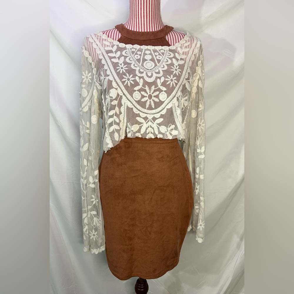 Y2K Diffuse Brown Faux Suede Bodycon Sleeveless Boho Mini Dress Size 10 Medium